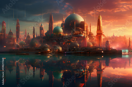 Beautiful Futuristic colorful Islamic city with realistic photography