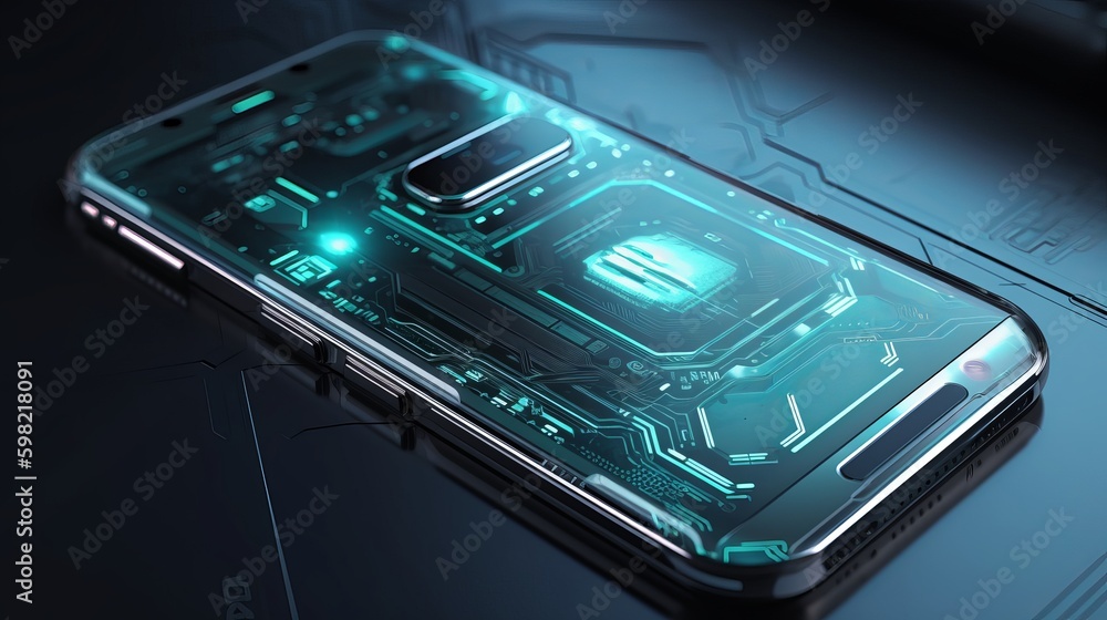 Vector futuristic mobile technology Ultra realistic, highly detail, VFX,  CGI, 4K, modern mobile phone, mobile phone on the table, mobile phone on  the screen, close up of a phone, Generative AI Illustration