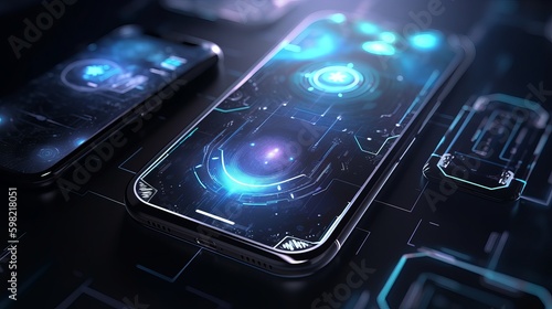 Vector futuristic mobile technology Ultra realistic, highly detail, VFX, CGI, 4K, modern mobile phone, mobile phone on the table, mobile phone on the screen, mobile phone on blue background