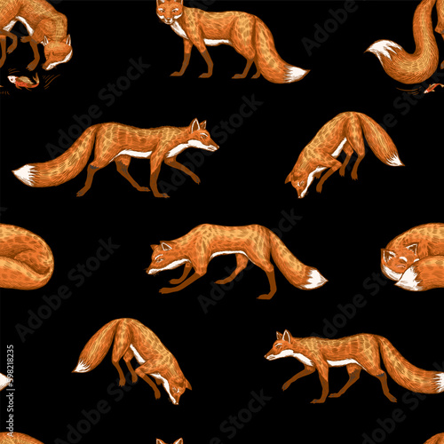 Wild red fox seamless pattern. Forest ginger animal flying and jumping. Vector Engraved hand drawn Vintage sketch for label or poster. Generative AI