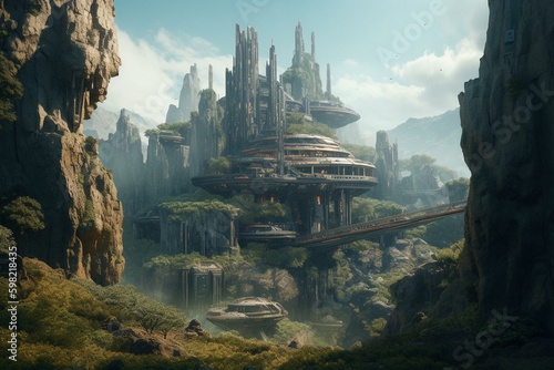 A futuristic sci-fi panorama set in a fantasy landscape, created digitally. Generative AI