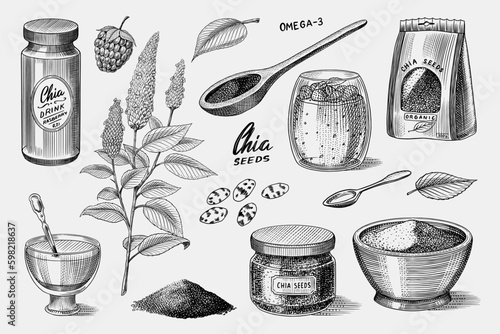 Chia plant and seeds. Salvia hispanica. Spice packaging, wooden spoon and dessert cup and pudding. A handful of seasoning and a glass bottle. Engraved hand drawn in old sketch and Generative AI