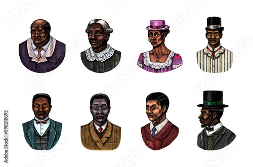 Elegant man. Male face. Afro american gentlemen. Victorian era. Fashion and clothes. Businessman in suit. Hand drawn Old sketch. Vintage engraved illustration.  Generative AI