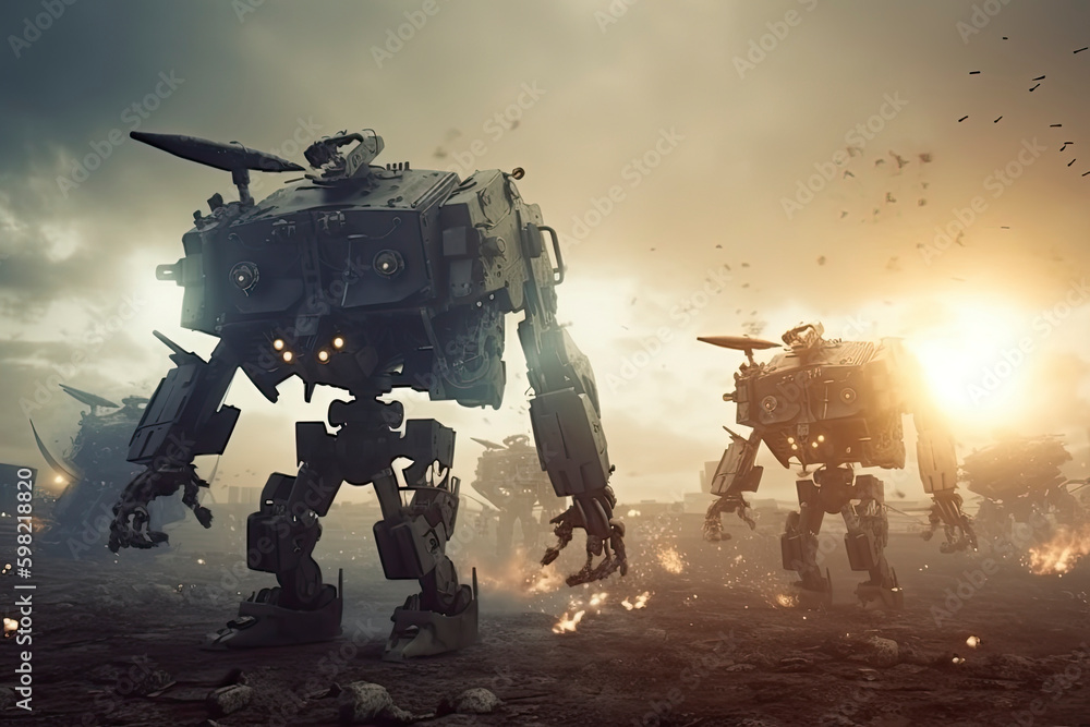 invasion of military robots. Dramatic apocalypse super realistic concept. Future. 3d rendering. - obrazy, fototapety, plakaty 