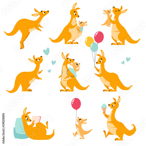 Cute Brown Kangaroo Marsupial Character with Little Joey Vector Set