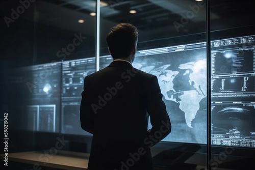 Productive Business Operations: Back View of Businessman Collaborating on Digital Document Using Digital Screen created with Generative AI technology 