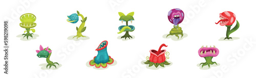 Carnivore Plants or Monster Flowers as Fantastic Flora Vector Set
