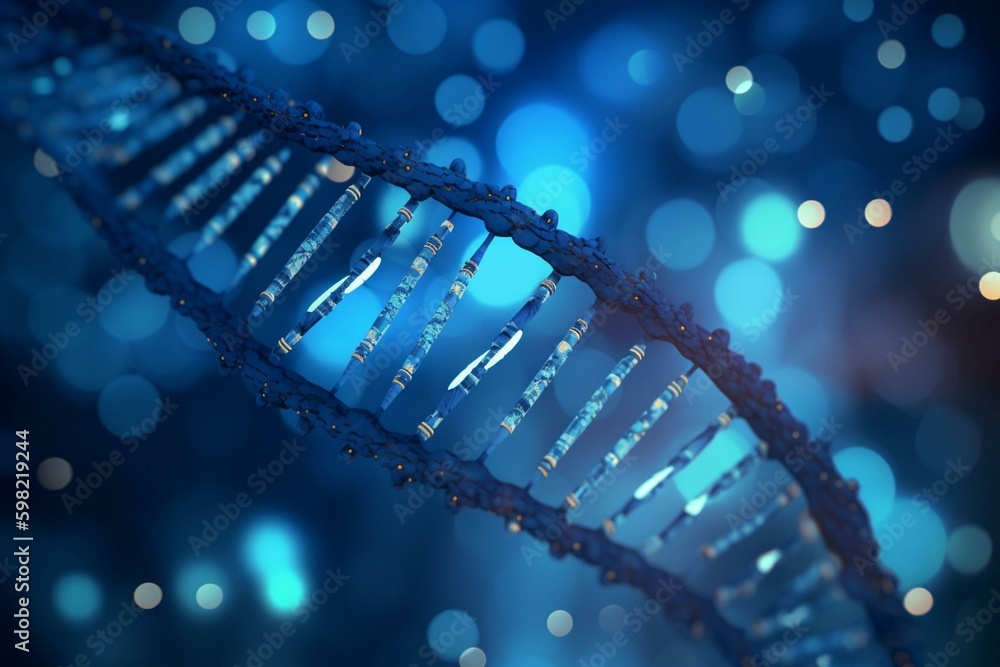 Illustration of blue DNA with bokeh lights, showcasing genetic medicine and innovation. Generative AI