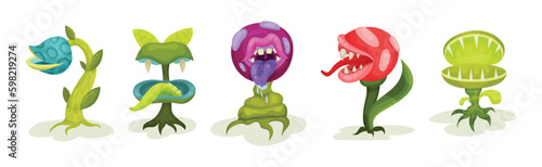Carnivore Plants or Monster Flowers as Fantastic Flora Vector Set