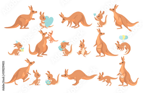 Funny Kangaroo Marsupial Animal with Baby Engaged in Different Activity Vector Set