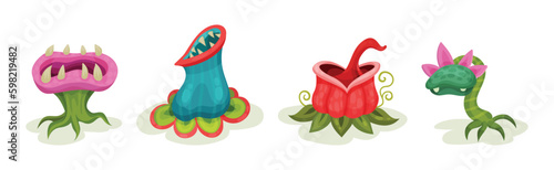 Carnivore Plants or Monster Flowers as Fantastic Flora Vector Set