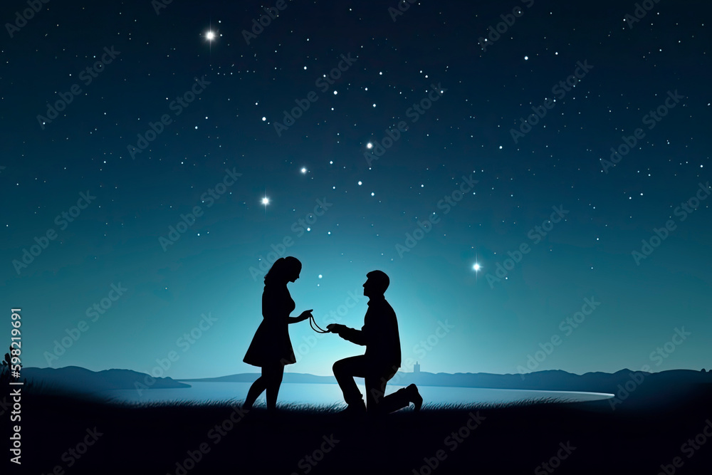 Silhouette of a romantic young couple with the man proposing at night against beautiful starry sky