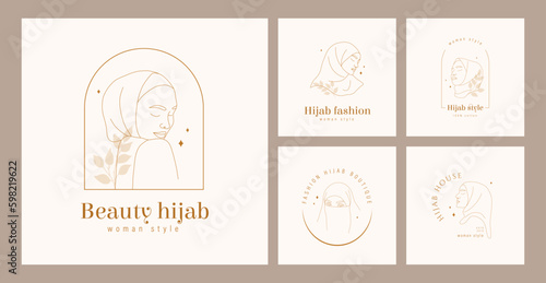 Set of Hijab store logos. Linear female portraits with closed eyes. Vector illustration in one line style. Arabian woman wear store. Generative AI
