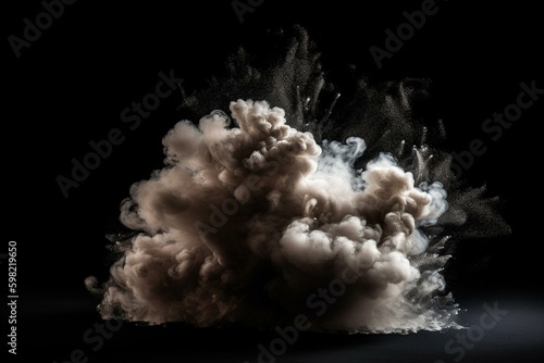 A dusty cloud with a back light, against a black background with a white center. Generative AI