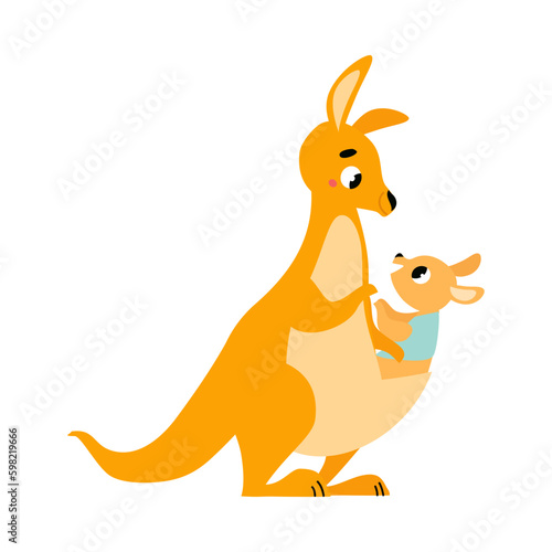 Cute Brown Kangaroo Marsupial Character with Joey Sitting in Its Pouch Vector Illustration