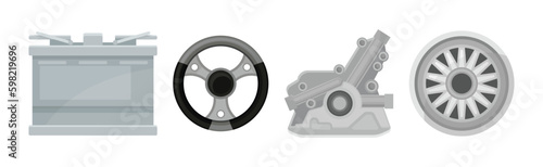 Car and Auto Spare Parts with Battery, Steering Wheel, Engine and Disk Vector Set