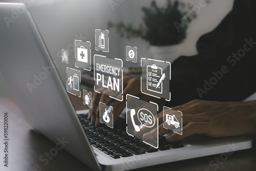 Concept of Emergency Preparedness Plan.Businessman learning and preparing in emergency situation .Business Evacuation Training concept.