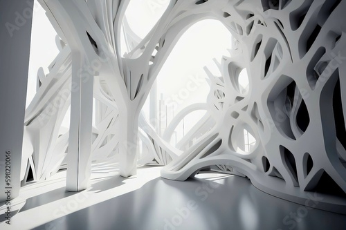Abstract intricate architecture background, all-white intricate room, 3D rendering, realistic light, Generative AI.