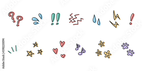 手描き落書き風のイラストセット　気持ち、感情、リアクションの飾り素材アイコン