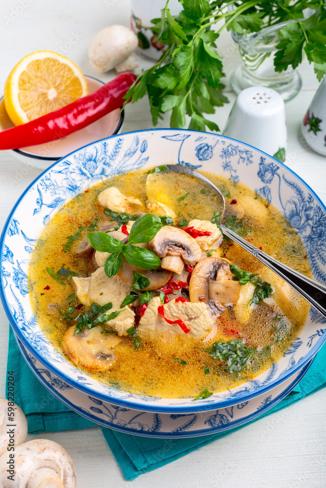 Spicy chicken soup with mushrooms. Spicy chicken soup with mushrooms.