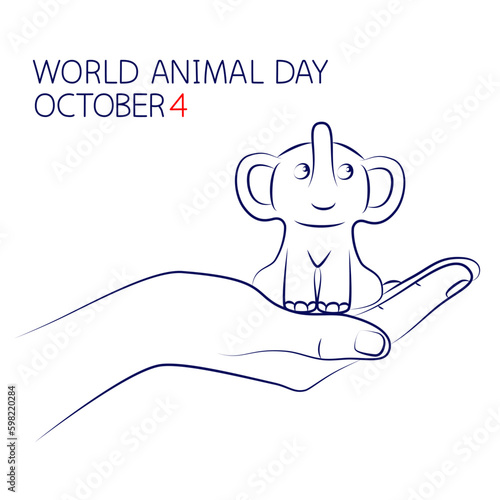 World Animal Day on October 4. Baby elephant sits in human palm. Responsibility for welfare of wild animals. Protection of life and habitat of animals. Ecology. Sketch, editable linear contour drawing