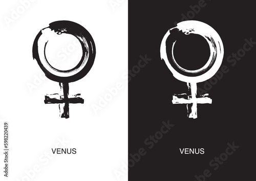Poster of Venus astrological symbol in two color versions. Planet glyph. Black ink handwriting. Vector.