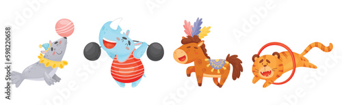 Amusing Circus Animal Performing Trick and Stunt Vector Illustration Set