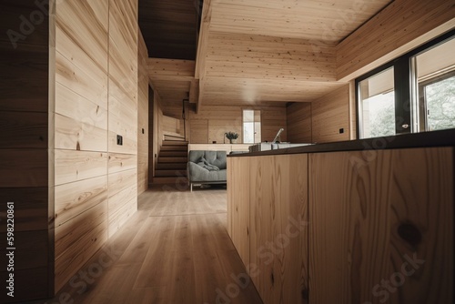 Close-up of a stunning incomplete prefab wood home interior. Generative AI