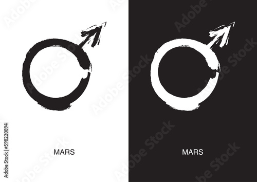 Poster of Mars astrological symbol in two color versions. Planet glyph. Black ink handwriting. Vector.