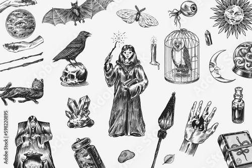 Witch brews a potion in a cauldron. Magic ball, book of spells, black cat, beldam and sorcery, Crow on skull. Sun and a Crescent moon with face. Halloween elements. Hand drawn engraved Generative AI