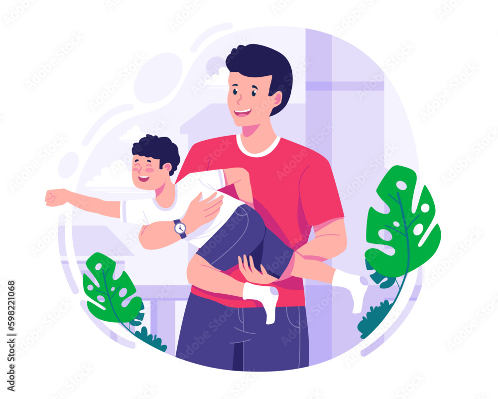 Happy Father's Day. Father playing with his son. Father holding son in arms swinging. Vector illustration
