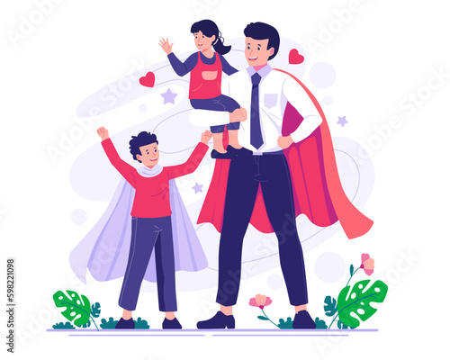 Happy Father's Day. Dad and his son wearing a superhero cape and the father holding his daughter on his lap. Vector illustration