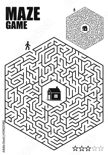 Hexagonal Maze Adventure: Find Your Way Home. Black and white maze vector illustration