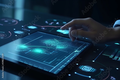 Business Intelligence, Data analysis technology concept. Businessman using digital tablet programming with AI modern computer dashboard and big data, hand pushing a touch interface, Generative AI