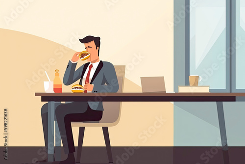 vector illustration of lazy businessman eating fast food