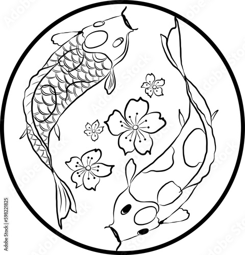 Beautiful line art Koi carp tattoo design ,Black and white koi fish and flower.Traditional Japanese culture art for printing on white background.Cherry blossom vector.