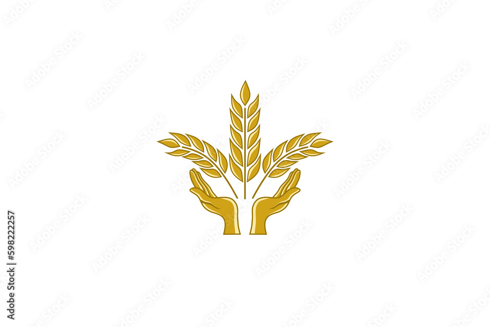 Vector illustration of a golden hand holding up a wheat plant, symbolizing agricultural abundance, care, and prosperity. Representing the importance of agriculture, sustainability, and nutrition. Vector illustration of a golden hand holding up a wheat plant, symbolizing agricultural abundance, care, and prosperity. Representing the importance of agriculture, sustainability, and nutrition.