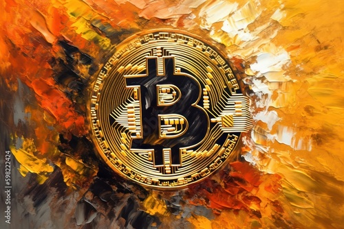 Golden bitcoin on a orange background. Acrylic paint style. Cryptocurrency concept, generative Ai