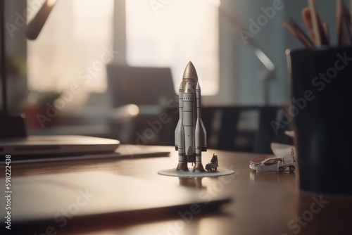 Close-up of rocket model on the desk in the office. Startup concept, generative Ai