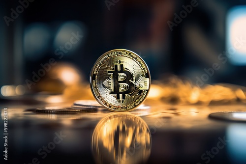 Golden bitcoin on the table. Cryptocurrency and business concept, generative Ai