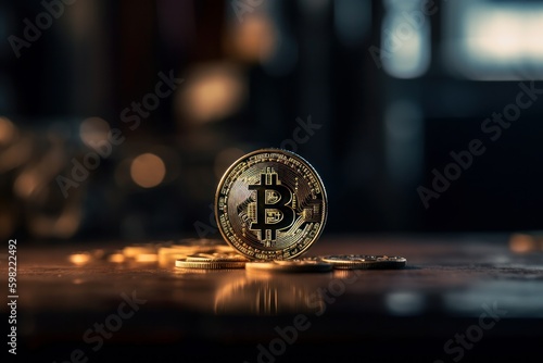 Golden bitcoin on the table. Cryptocurrency and business concept, generative Ai