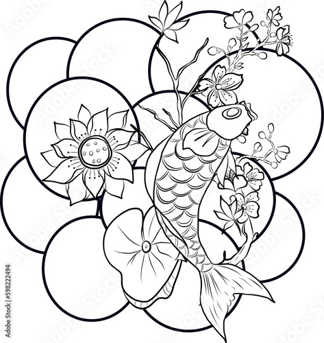 Beautiful line art Koi carp tattoo design  Black and white koi fish and flower.Traditional Japanese culture art for printing on white background.Cherry blossom vector.