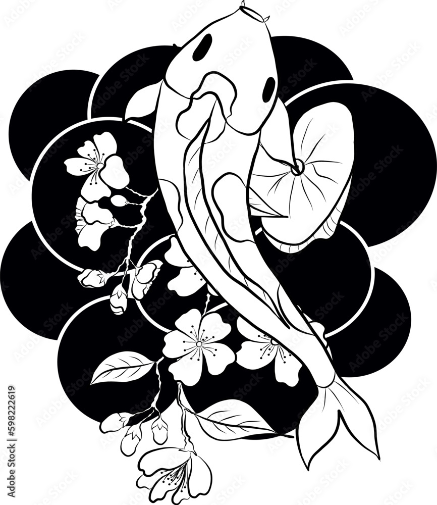 Beautiful line art Koi carp tattoo design ,Black and white koi fish and