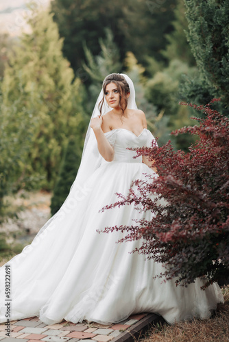Portrait of the bride in nature. A brunette bride in a white long dress with open shoulders and a veil, posing near a mahogany tree. Beautiful curly hair and makeup. A young girl