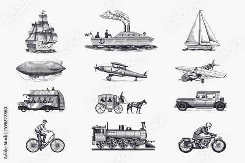 Submarine, boat and car, motorbike, Horse-drawn carriage. Airship or dirigible, air balloon, airplanes corncob, locomotive. Engraved hand drawn in old sketch style, vintage passengers Generative AI