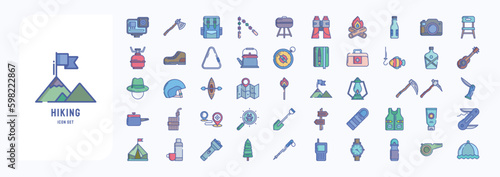 A collection sheet of linear color icons for Hiking and trekking, including icons like Action Camera, Backpack, Bbq, Binoculars and more