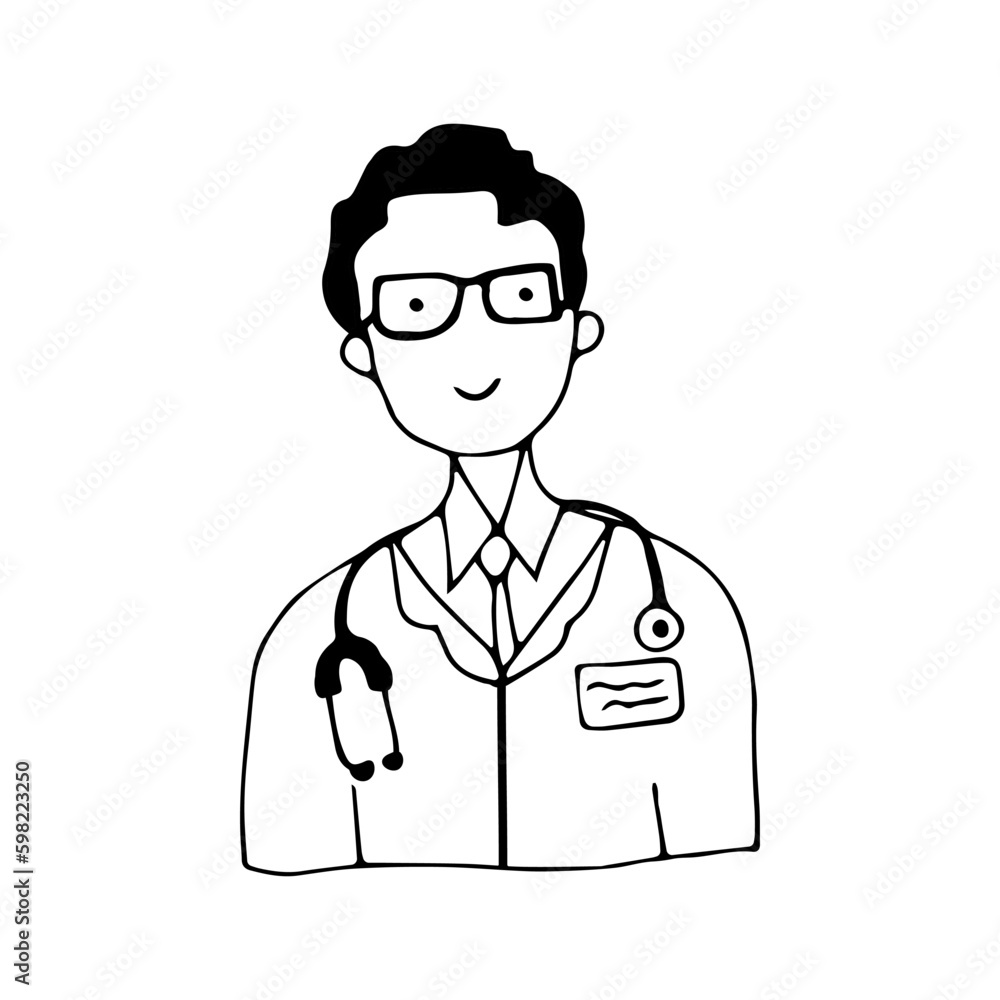 Male doctor icon in hand drawn style on isolated white background.