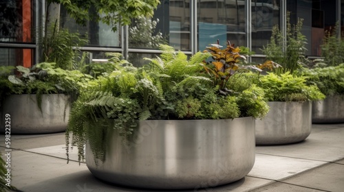 Single-planted  post-industrial aluminium planters with big center plants. AI generated