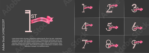 set of anniversary logotype pink color with pink ribbon for special celebration event