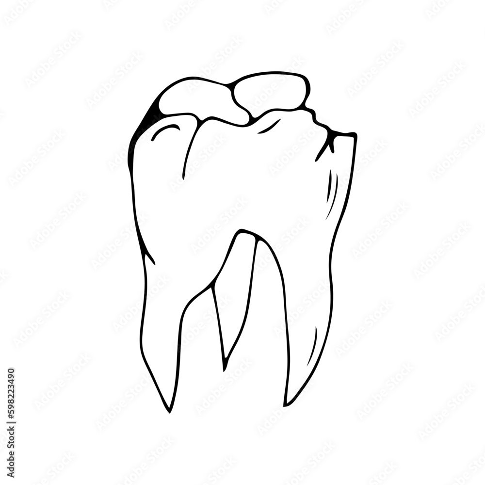 Damaged tooth in doodle style on an isolated white background. Damaged tooth in doodle style on an isolated white background.